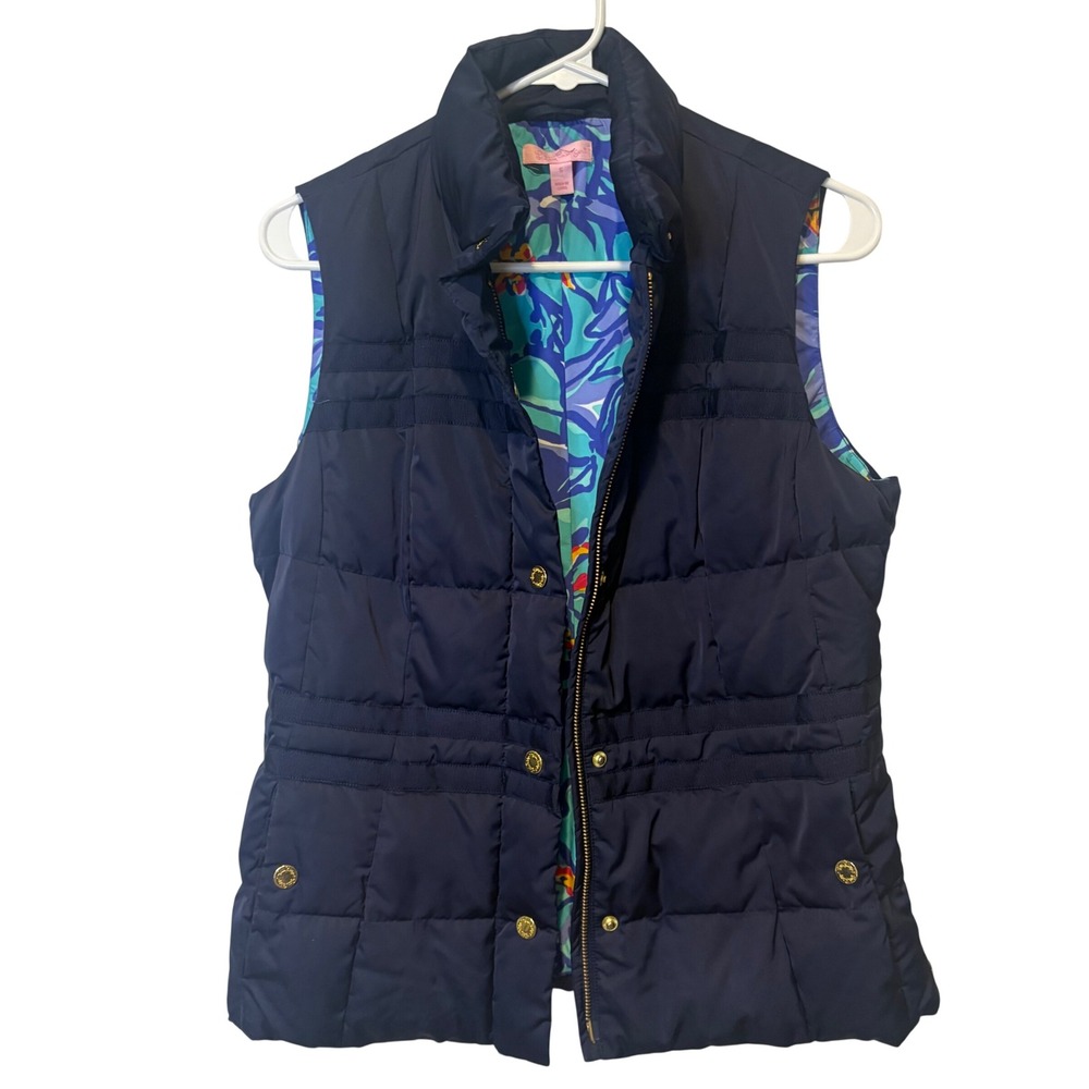 Lilly‎ Pulitzer Kate Puffer Vest Women S Navy Blue Quilted Zip Nautical Preppy